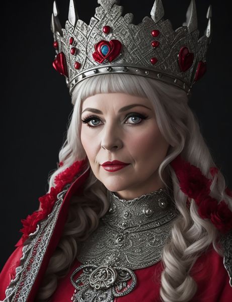 IMAGEM DE UMA MULHER MEIA IDADE, RAINHA, COM CABELOS BRANCOS, COROA E JOIAS COM DETALHES VERMELHOS